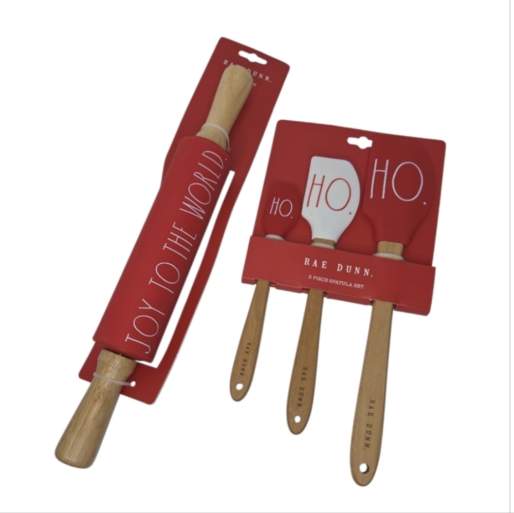 Rae Dunn Joy To The World Rolling Pin And 3 Piece Ho Ho Ho Spatula Set NEW